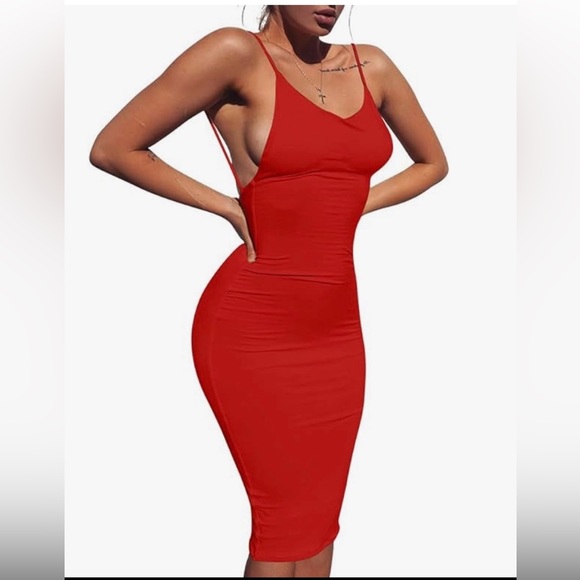 Backless bodycon spaghetti strap solid midi dress - Picture 3 of 5